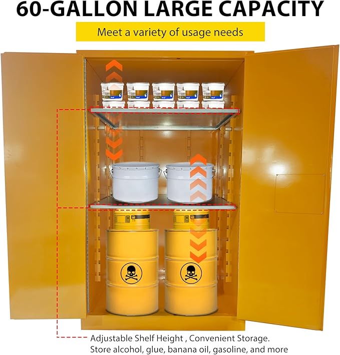 60 Gal Flammable Safety Cabinet, 65" x 34" x 34" Galvanized Steel Industrial Flammable Liquid Storage Cabinet with Adjustable Shelves, Fireproof Double-Wall Design, Manual Close Doors