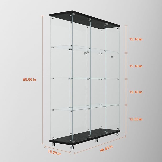 Yoluckea 4 Tiers Glass Display Cabinet Extra Large with Bluetooth LED Light Strip, 2 Doors Floor Standing Curio Cabinet with Universal Wheel for Home, Black Glass Bookshelf for Collections, Wood Top