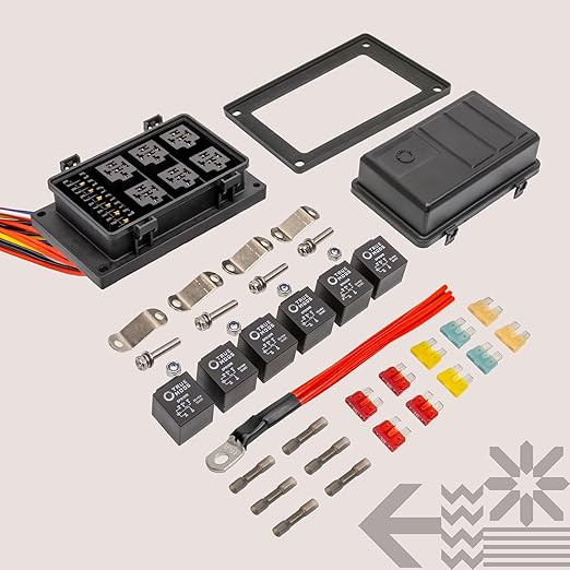 True Mods Waterproof 12V Fuse Relay Box Block Kit w/Pre-Wired Harness [12 & 16AWG] 6 Gang Bosch Style 5Pin 30A/40A Universal Relay & Fuse Panel for DC Auto Automotive Vehicle Car Marine Boat Jeep UTV