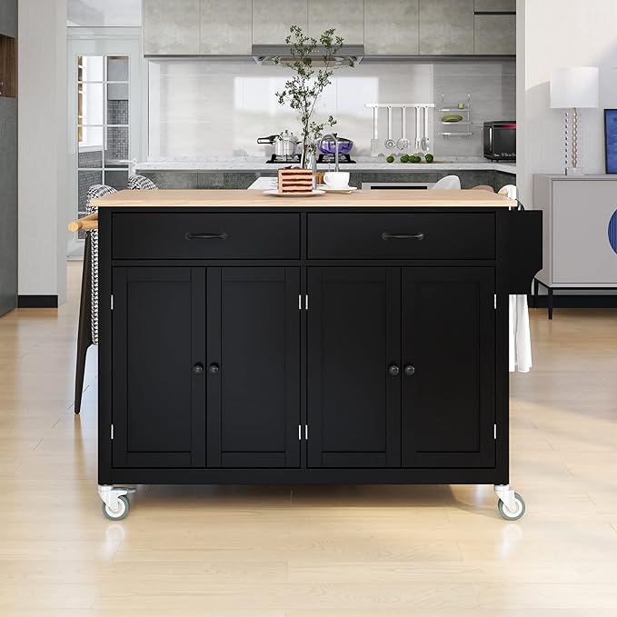 Favfurish Kitchen Island Cart on Locking Wheels with 4 Cabinet and 2 Drawers, Rolling Coffee Bar Trolley w/Solid Wood Tabletop, Adjustable Shelves, Spice & Towel Side Rack, for Dining Room, Black