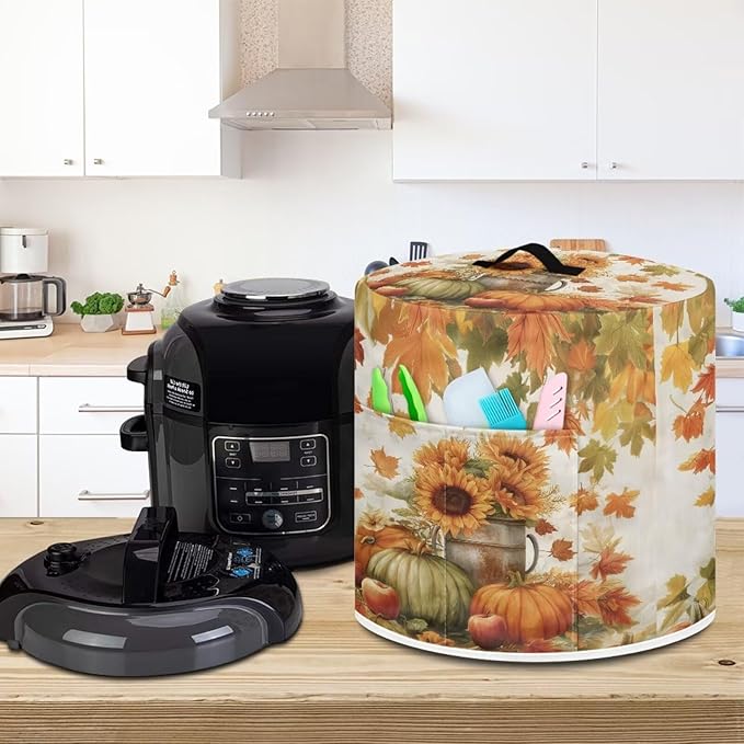 Fall Decor Stain-resistant Pressure Cooker Dust Cover Accessories for 3 Quart, Kitchen Appliance Air Fryer Rice Cooker Cover with Top Handle and Storage Pocket Sunflower Pumpkins