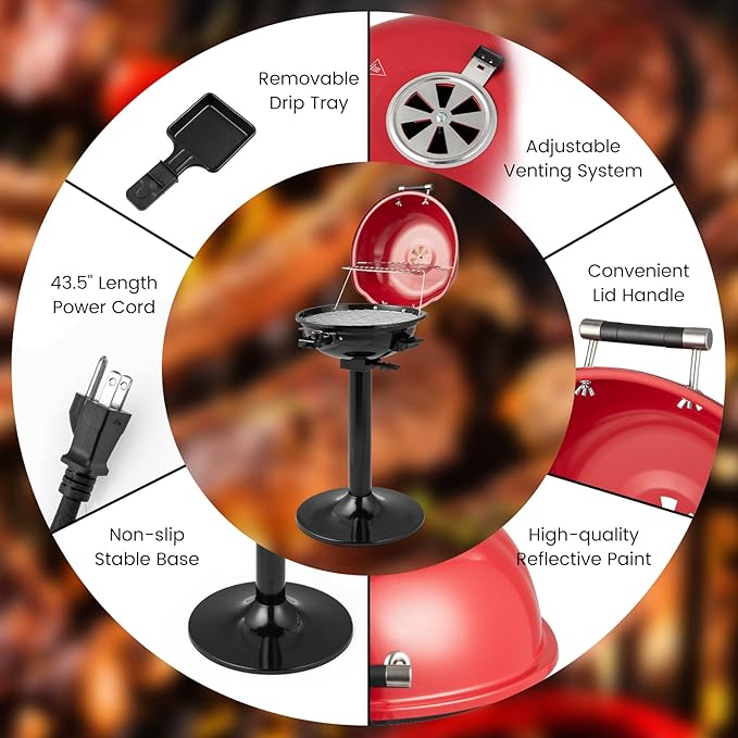 HAPPYGRILL 1600W Electric Grill Outdoor, Portable BBQ Grill with Warming Tray, Removable Non-Stick Grill Rack, Adjustable Temperature& Oil Drip Tray for Patio, Camping, Picnic