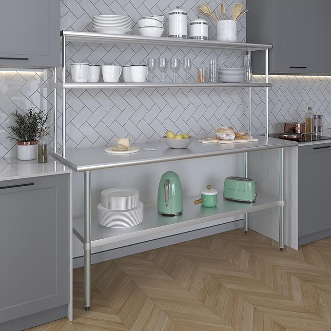 Amgood Stainless Steel Work Table Double Tier Overshelf | Metal Kitchen Prep Table & Shelving Combo (24" x 72" Work Table + 12" Overshelf)
