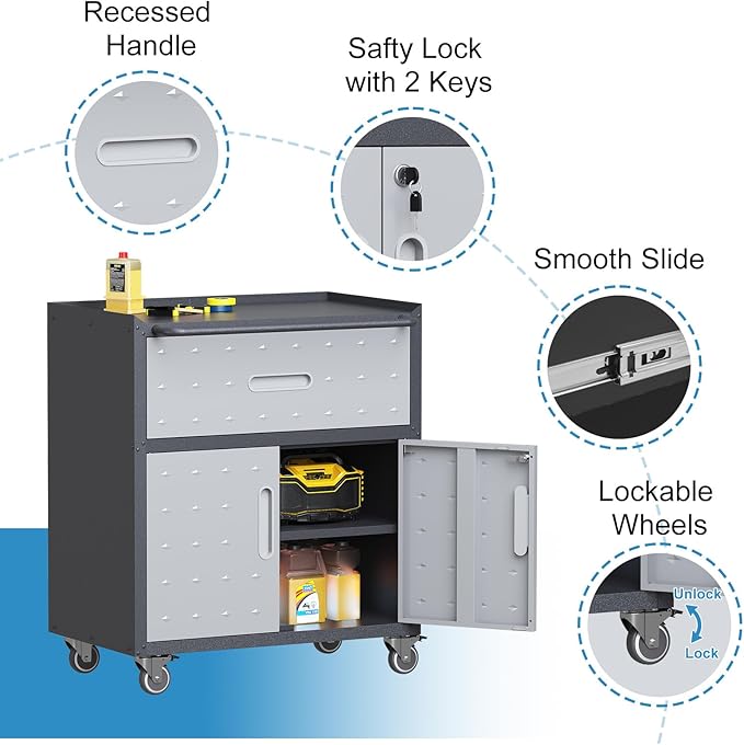 Garage Storage Cabinet with Wheels Metal Garage Cabinets with Drawer Heavy Duty Steel Rolling Tool Cabinet with Lock Rolling Tool Cart Mobile Cabinet for Warehouse Basement, Assembly Required
