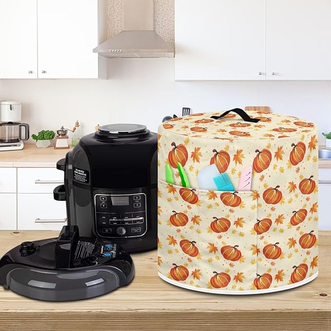 Pumpkins Maple Leaf Print 6 Quart Pressure Cooker Dust Cover with Storage Pocket and Top Handle Kitchen Appliance Air Fryer Rice Cooker Dust Cover Thanksgiving Day Decor