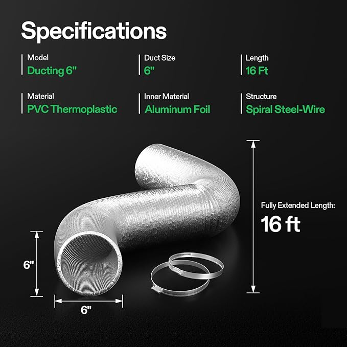 VIVOSUN 6 Inch 16 Feet Flex Air Aluminum Ducting, Flexible Dryer Vent Hose for HVAC Ventilation with 2 Stainless Steel Clamps