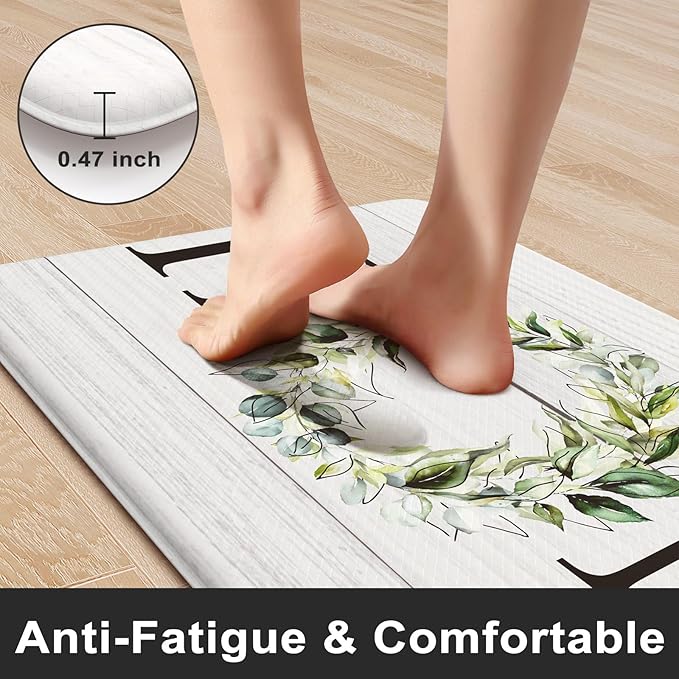 KIMODE Anti Fatigue Kitchen Mats for Floor, Farmhouse Kitchen Rugs Sets of 2, Cushioned Kitchen Floor Mats, Comfort Standing Mats for Sink, Laundry, Office, Desk White 20"x47"+20"x32"