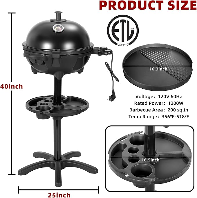 Electric Grill Outdoor/Indoor,Portable BBQ Grill with Nonstick Surface,200 Square Inches Indoor Electric Barburcue Grill with Adjustable Heat,Stand/Tabletop,for Patio/Yard/Home(Black)