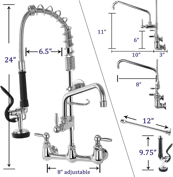 Commercial Sink Faucet with Sprayer with 8 Inch Swivel Spout 8" Center Wall Mount 3 Compartment Sink Faucet 24" Height Pre Rinse for Commercial Restaurant Kitchen, Chrome, Solid Brass