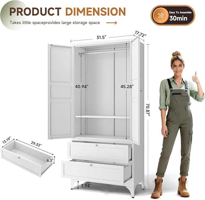 Letaya Metal Wardrobe Cabinets with 2 Drawers,71"Tall Armoire Wardrobe Closet with Doors and Shelves,Large Coat Closet Cabinet with Hanging Rod,Clothing Storage Cabinets for Bedroom,Home Office,White