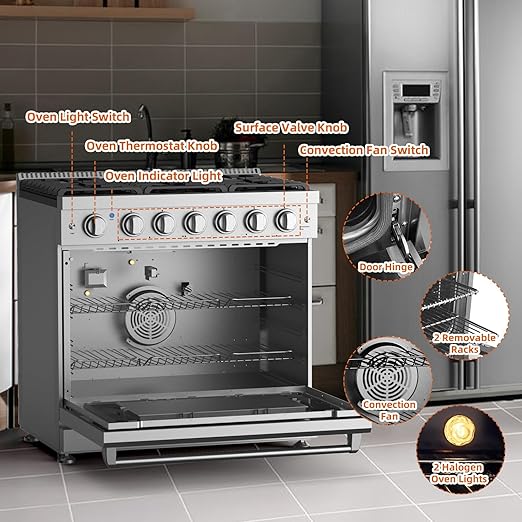 36 Inch Freestanding Dual Fuel Range Oven Stove, 6.0 Cu.Ft. Large Capacity, Professional-Grade True Convection & Self-Clean Oven, High-Powered 6 Sealed Gas Burner Cooktop, Stainless Steel