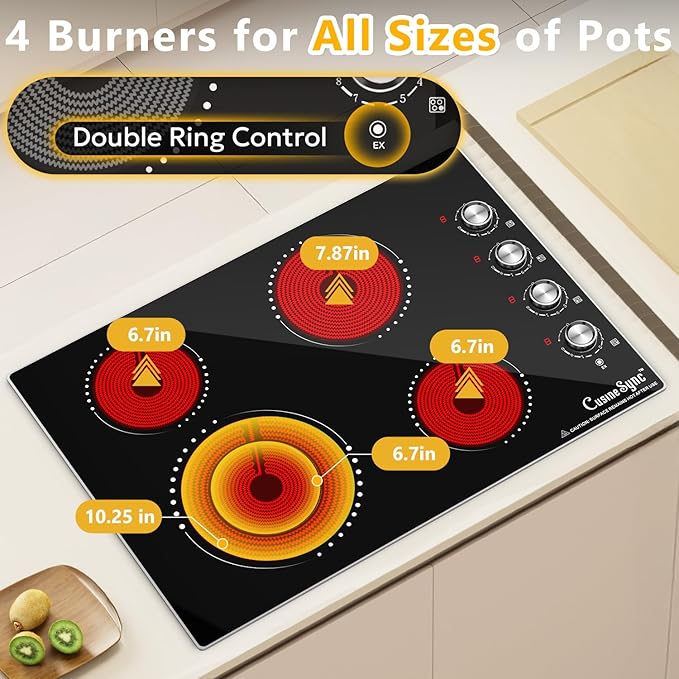 30 Inch Electric Cooktop, 4 Burner Electric Stove Top with 9 Power Levels, Knob Control, Auto shutdown and Residual Heat Warning, 7200W, 220-240V for Hard Wire
