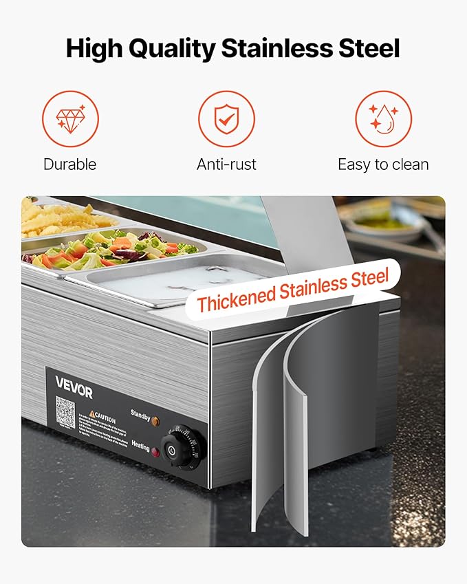 VEVOR Commercial Food Warmer, 1500W Electric Stainless Steel Steam Food Warmer with Glass Cover, 6 x 1/3 Size Pans Buffet Bain Marie with Soup & Perforated Ladles, for Catering, Restaurant & Party