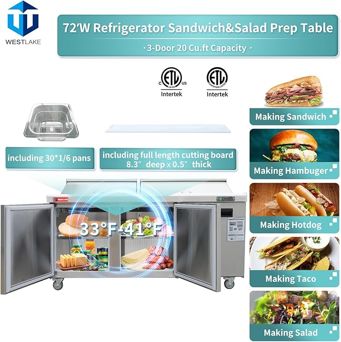 WESTLAKE 72" W 3 Door Refrigerator Sandwich & Salad Prep Table Commercial Mega Top Refrigerator Stainless Steel Counter Fan Cooling with 30 pans for Restaurant, Bar