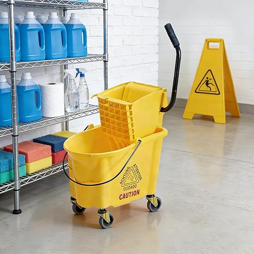 DUMOS 30-Quart Commercial Mop Bucket with Side-Press Wringer, Heavy-Duty Floor Cleaning System, Durable Wringer & Non-Marking Casters, Yellow
