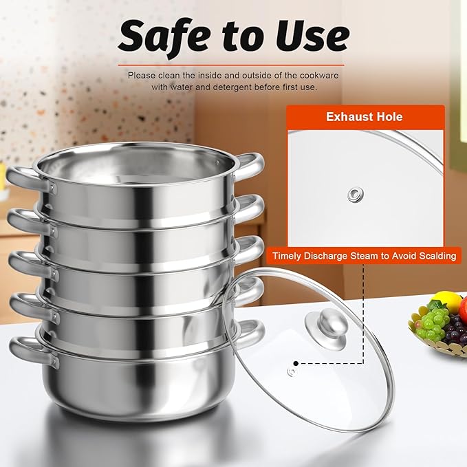 5-Tier Food Steamer Pot for Cooking, Stainless Steel Steamer Pot with Transparent Lid, Stackable Steaming Pots Steam Cooker Cookware for Dumpling Seafood, Compatible with Gas/induction Stove (11.81in Diameter)