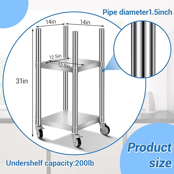 Shimeyao 14" x 14" x 31" Rice Warmer Stand Stainless Steel Rice Warmer Stand with 2 Shelves and 4 Casters Cooking Equipment Storage for Kitchen Restaurant
