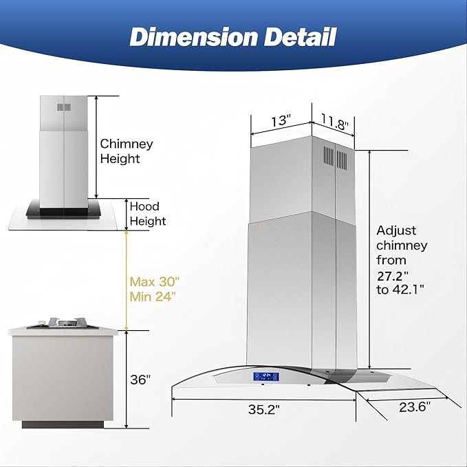 Island Range Hood 36 inch 700 CFM Ceiling Mount Kitchen Stove Hood Ducted with Tempered Glass 4 LED Lights Touch Control 3 Speed Fan Permanent Filters