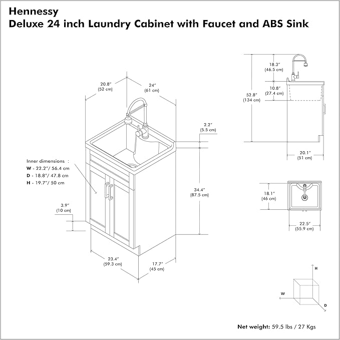 SIMPLIHOME Hennessy All-in-One 24 inch Wide Utility Sink and Laundry Cabinet in Pure White Finish, Transitional ABS Sink Cabinet for Laundry Rooms with High-Arch Chrome Faucet and Pull-Out Spray