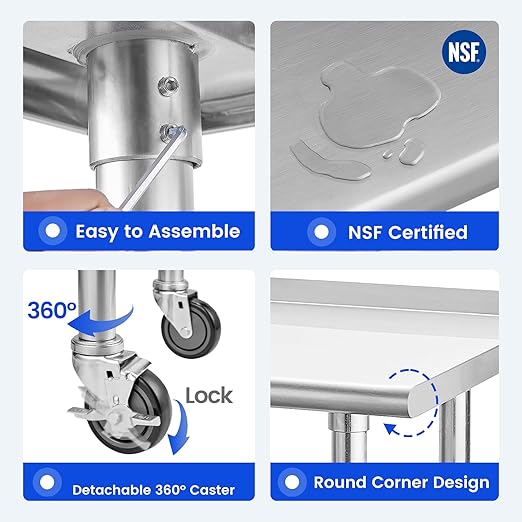 Hally Stainless Steel Table for Prep & Work 24 x 36 Inches with Caster Wheels, NSF Commercial Heavy Duty Table with Undershelf and Backsplash for Restaurant, Home and Hotel