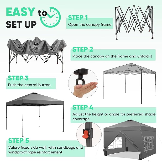 Saemoza 10x10 Pop Up Canopy Tent with One Push Setup, Portable Sun Shade Tent, Instant Easy Up Canopy with 4-Sidewalls & Handbag, Outdoor Fldable Gazebo with Vent Top, Grey.