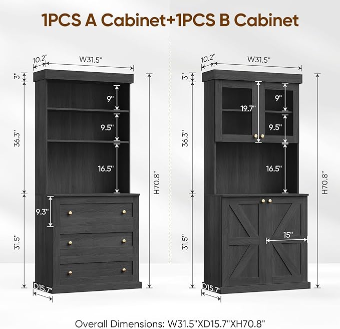 Vyre 71" Farmhouse Pantry Cabinet Set of 3, Large Storage Hutch with Glass Doors, Drawers and Adjustable Shelves, Freestanding Coffee Bar with Microwave Stand for Kitchen or Living Room, Black