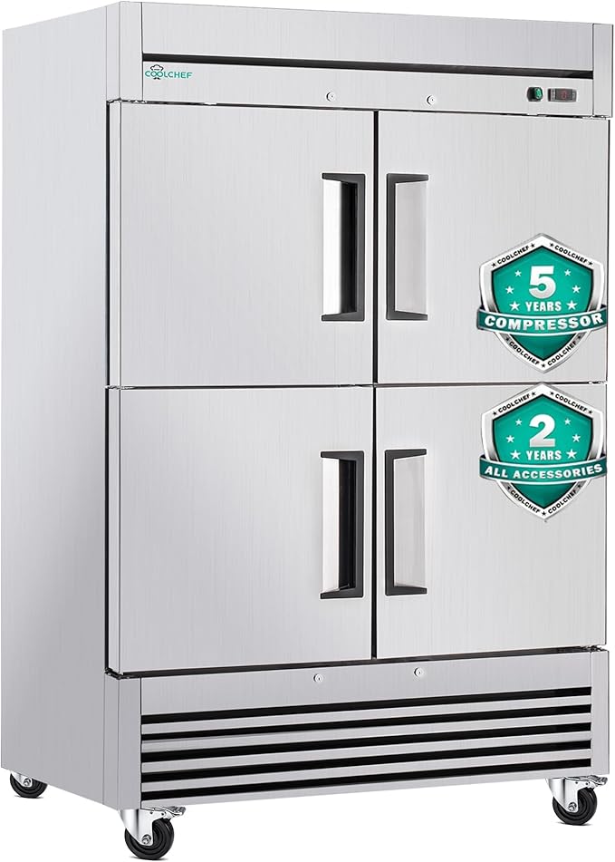 COOLCHEF 54"Commercial Freezer, 49 Cu.Ft Four-Door Stainless Steel Reach-In Freezer, -8~0℉, Air Cooling, 6 Shelves, R290