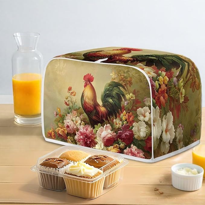 UNICEU Rooster Floral Print Toaster Cover 2 Slice Small Kitchen Appliance Covers Bread Machine Protection with Top Hook