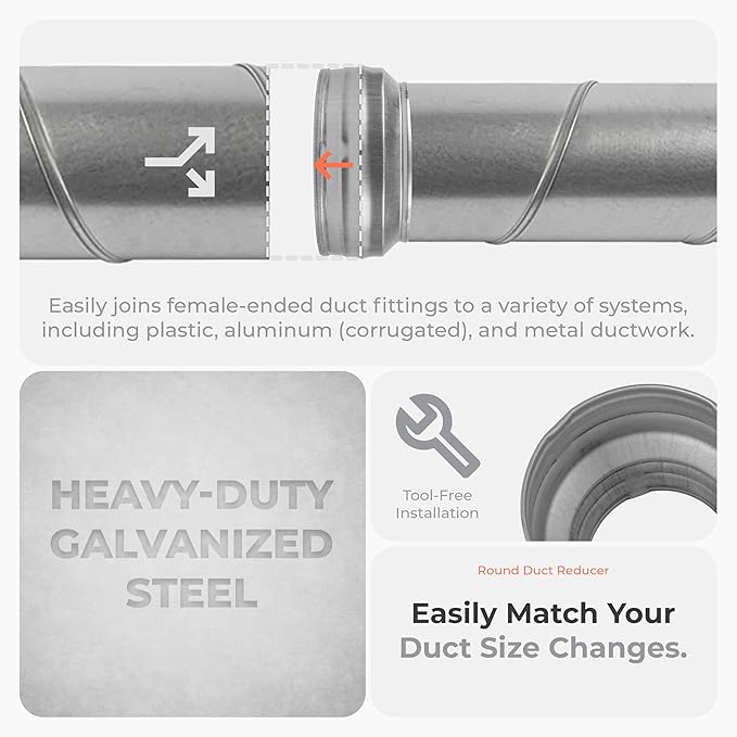 6" to 5" Inch Round Duct Reducer - Male Fit Galvanized Steel Pipe Increaser - Coupling for Round Duct Ventilation Systems - Heating & Cooling
