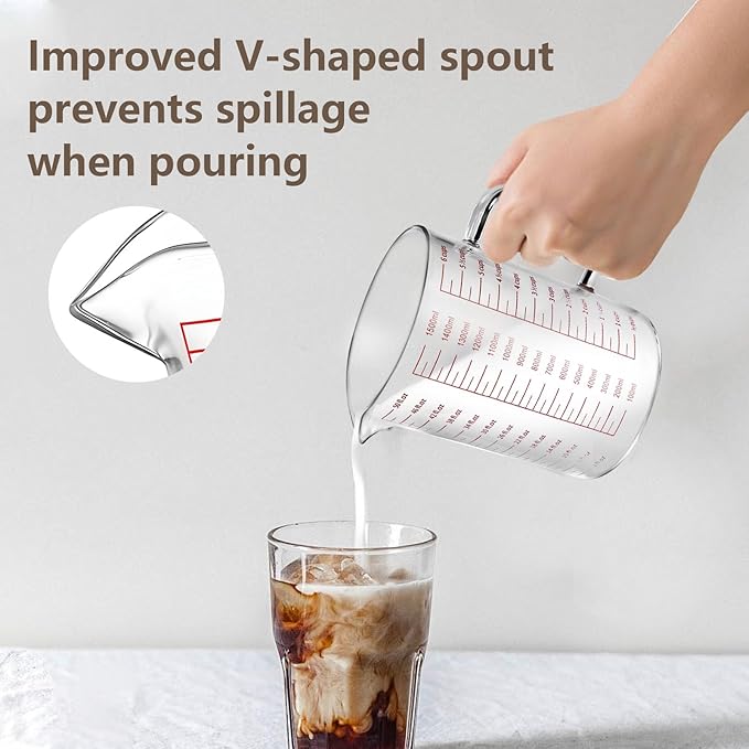 WhiteRhino Glass Measuring Cup,6Cup/1500ml/50oz Liquid Measuring Cups, Measuring Cup With Handle and V-Shaped Spout, Glass Beaker with Three Scales (OZ, Cup, ML), Dishwasher/Freezer/Microwave Safe