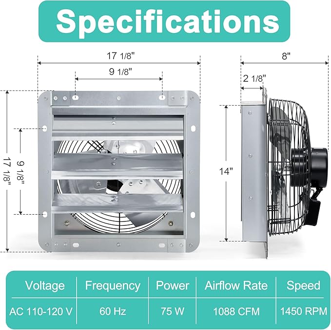 14 Inch Shutter Exhaust Fan, High Power Wall Mount Attic Fan with Thermostat and Speed Controller for Greenhouses, Sheds, Garages, Chicken Coops, Barns Ventilation, 1088 CFM