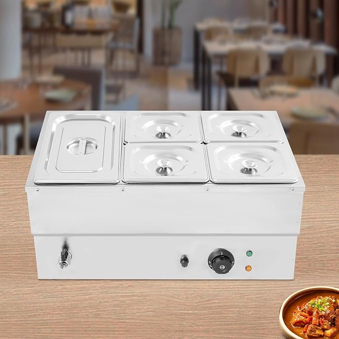 5 Pan Commercial Food Warmer,110V Electric Stainless Steel Steam Food Warmer with Lid,Electric Bain Marie Countertop with Temperature Control for Catering,Restaurant,Party (Small 5-Pan)