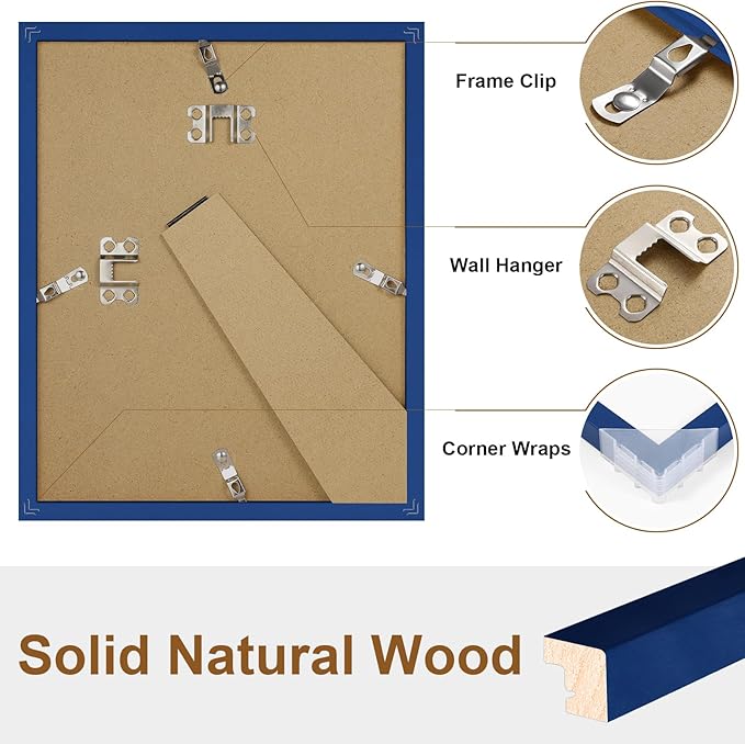 Vittanly 8x10 Picture Frame Set of 2, Solid Wood Frame for Wall or Tabletop, Display Photo 5x7 with Mat or 8x10 without Mat, Royal Blue
