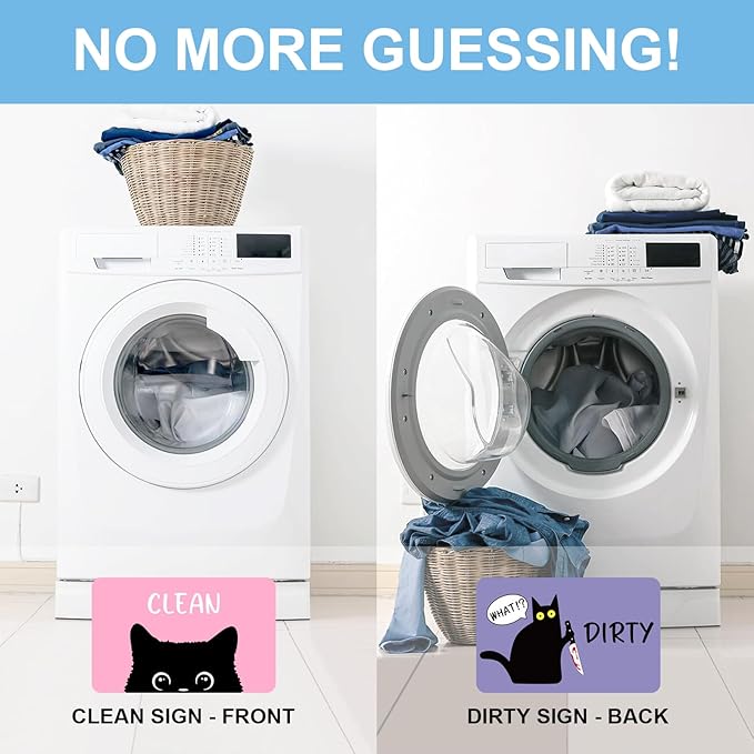 Funny Black Cat Cartoon Clean Dirty Dishwasher Magnet, Washing Machine Magnets Flip, Cute Cat Refrigerator Clean Dirty Sign, Double Sided Reversible Non Scratch Dish Washer Magnet Sign (Pink&Purple)