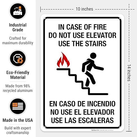 in Case of Fire Do Not Use Elevator Use The Stairs Bilingual Sign, Fire Safety Sign, 10x14 Inches, 55 mil Thick HDPE (high Density polyethylene), Made in USA