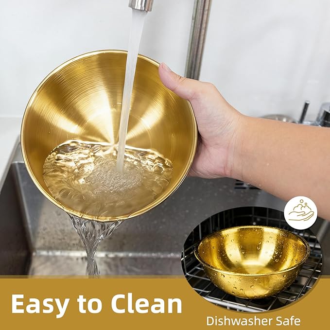 3-Piece Stainless Steel Golden Mixing Bowls (6.3") Metal Bowl with Measurement Marks, Dishwasher Safe & Stackable - Perfect for Baking, Salad Making, Meal Prep