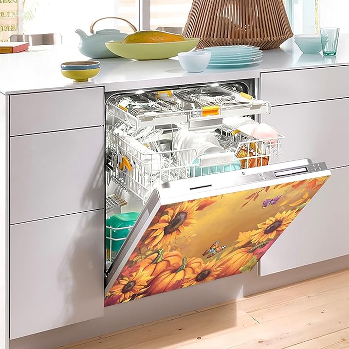 Thanksgiving Pumpkin Dishwasher Magnet Cover Panel,Sunflower Fall Magnetic Dishwasher Covers Refrigerator Sticker Decal Thanksgiving Decorative Washing Machine Cover for Home Kitchen,23x26in