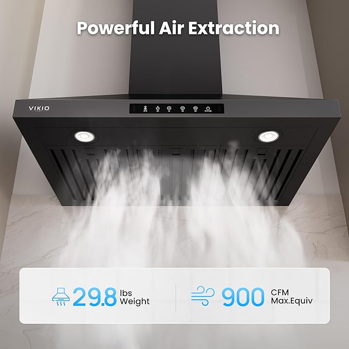 Wall Mount 30 Inch Range Hood 900 CFM, Ductless/Ducted Convertible, 3-speed Gesture Sensing & Touch Control, Black Painted Stainless Steel Kitchen Vent Hood with Permanent Baffle Filters