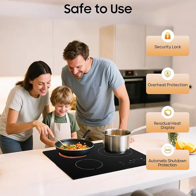 24" Electric Cooktop, 3 Burner Built-In Ceramic Stove Top With Led Display Screen, 9 Heating Levels & Touch-Adjustable Control, 2600W Radiant Electric Cook Top For Kitchen Office Hotel Restaurant Etc