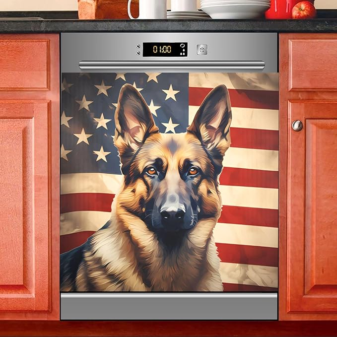 Dog German Shepherd American Flag Dishwasher Magnet Cover Sticker Magnetic Refrigerator Panel Front Door Fridge Microwave Decal