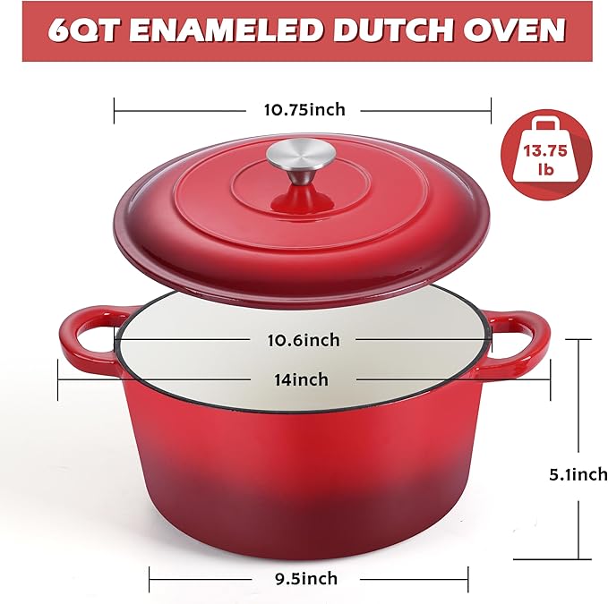 TeamFar Enameled Cast Iron Dutch Oven, 6 Quart Pot with Lid & Dual Handles - Heavy Duty Cookware Oven Safe up to 500° F for Bread Baking, Stews, Braising, Roasting - Red