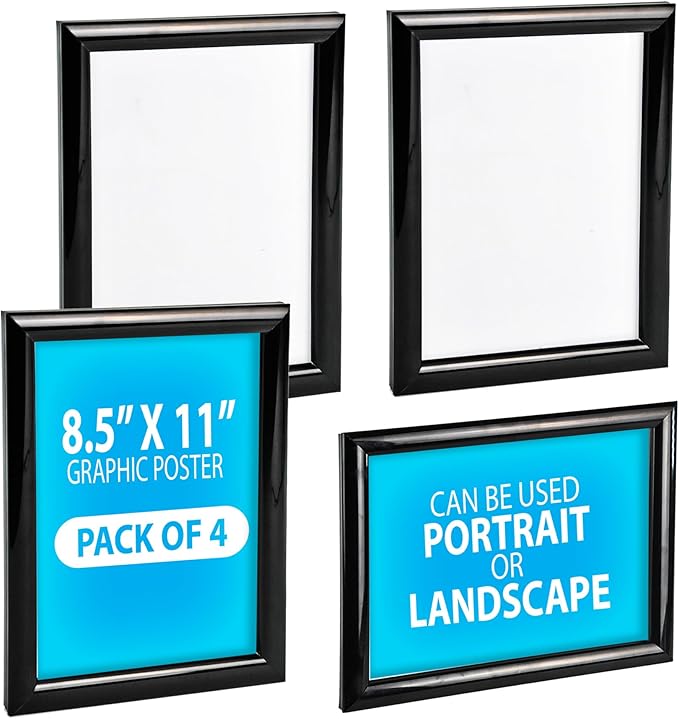 Azar Displays 300336-BLK-4PK Wall Mount Plastic Snap Poster Frame 8.5" x 11" Portrait/Landscape Sign Holder Frame, 4-Pack