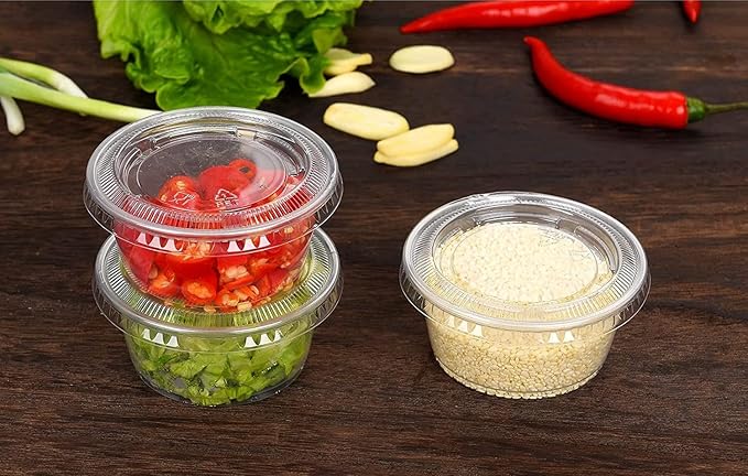 EDI Clear Disposable Plastic Portion Cups with Leakproof Lids | Jello Shot & Condiment Cups | 3.25 OZ, 100 Sets | BPA Free & Recyclable