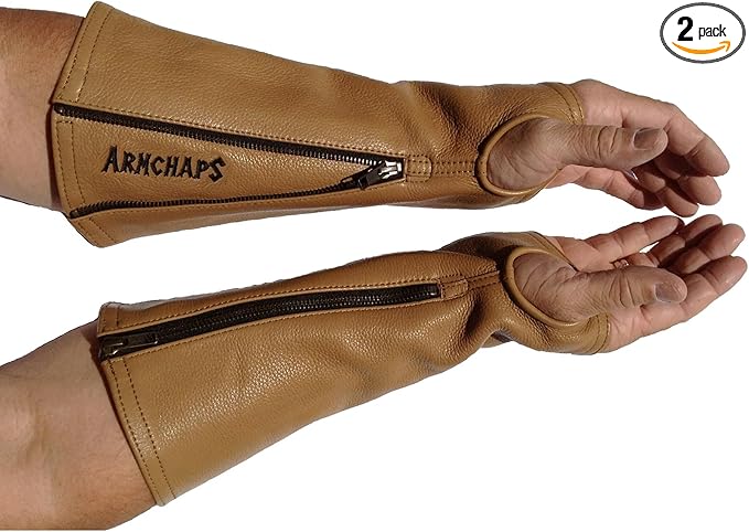 Arm Chaps Leather Protective Sleeves Arm Guard - Prevent Cuts, Scratches & Bruises - Genuine Cowhide - Ideal for Gardening & Construction - Left & Right Form-Fitting. Brown (1 Pair/X-Large).