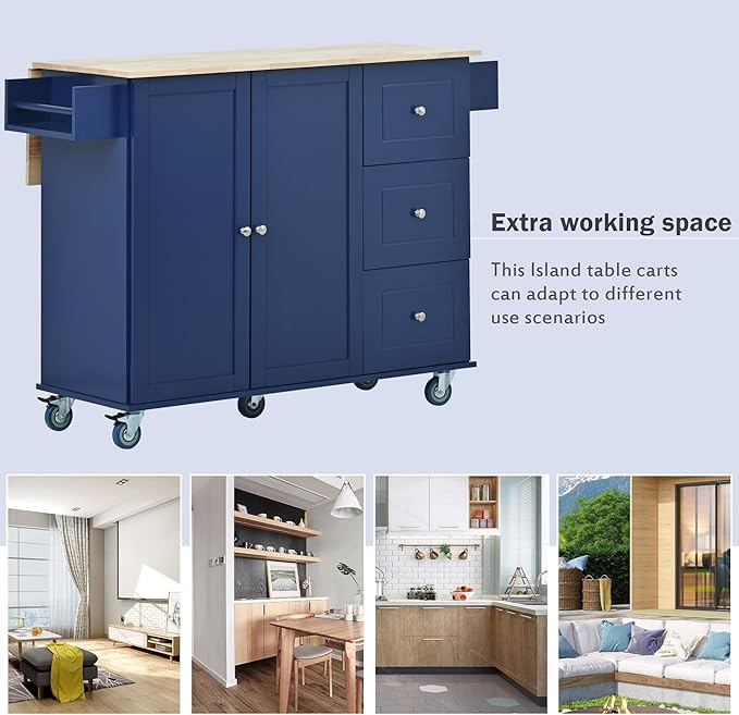 Favfurish 52.7" Rolling Mobile Kitchen Island Cart with Drop Leaf Wood Top, Adjustable Shelves Coffee Bar Trolley on Lockable Casters & Storage Cabinet & 3 Drawers for Dining Room, Dark Blue