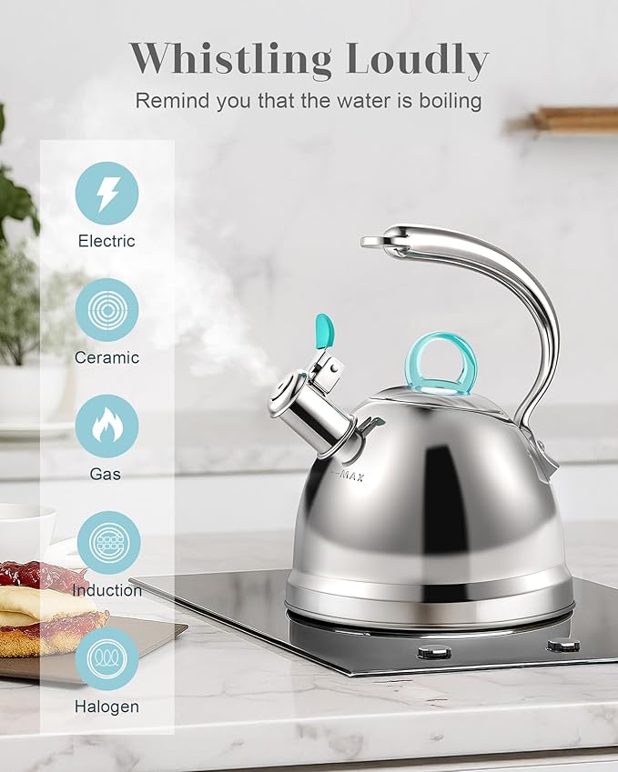 Harriet Tea Kettle Stovetop, 2.5 Quart Whistling Stainless Steel Tea Pot, 3-Layer Base, Unique Ergonomic Handle, Includes Pot Holder & Mat, Electric/Induction/Gas Stovetops Applicable, Mirror Finish