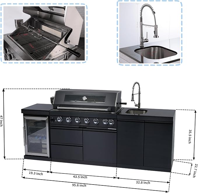 95-Inch Outdoor Kitchen Island Grill - 43” 6-Burner 85000 BTU Propane Gas Grill w/Wine Cooler/Refrigerator, Rotisserie Kit, Granite Countertops, Stainless Steel Sink, 304 Marine Grade SS, Black