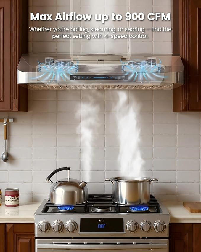 JOCO 30 Inch Under Cabinet Range Hood, 900 CFM Stainless Steel Kitchen Vent Hood, 4-Speed Gesture/Touch/Remote Control C01-30G