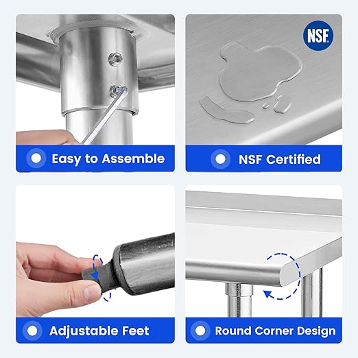 Hally Stainless Steel Table for Prep & Work 14 x 48 Inches, NSF Commercial Heavy Duty Table with Undershelf and Backsplash for Restaurant, Home and Hotel
