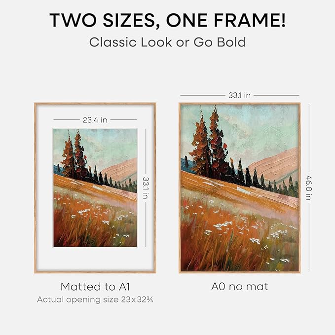 Homeforia A0 Poster Frame Natural Wood, High End Oak 33.1 x 46.8 Large Wooden Picture Frames Matted to 23.4 by 33.1 for Photo, A0 Size Light Wood Frames with Mat A1, Tempered Glass, Wall Kit, Set of 2